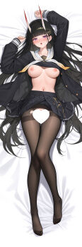 1girl :o absurdres arm_behind_head azur_lane black_hair black_jacket black_serafuku black_shirt black_skirt blush breasts breasts_out censored clothes_lift dakimakura_(medium) demon_girl demon_horns eyeshadow full_body gradient_neckerchief hair_ornament hairclip hand_up heart heart_censor highres hip_focus horns jacket kaguya_white_rabbit knee_up long_hair lying makeup medium_breasts miniskirt navel neckerchief nipples no_bra noshiro_(azur_lane) on_back on_bed oni open_clothes open_jacket pantyhose pleated_skirt purple_eyes red_eyeshadow sailor_collar school_uniform serafuku shirt shirt_lift skirt skirt_lift solo stomach thighs torn_clothes torn_pantyhose two-tone_neckerchief very_long_hair white_neckerchief white_sailor_collar x_hair_ornament yellow_neckerchief