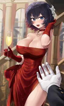1girl 1other absurdres arm_up bare_shoulders black_hair blue_eyes breasts champagne_flute choker cleavage collarbone crossed_bangs cup dress drinking_glass elbow_gloves flower gloves goback hair_between_eyes hair_flower hair_ornament hand_in_own_hair highres holding holding_cup jewelry large_breasts looking_at_viewer necklace open_mouth original pov red_choker red_dress red_gloves short_hair smile stairs strapless strapless_dress white_flower white_gloves