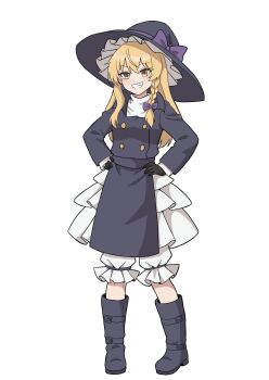 1girl black_boots black_gloves black_hat black_jacket blonde_hair bloomers blush boots bow braid commentary_request forbidden_scrollery full_body gloves grin hair_bow hands_on_own_hips hat hat_bow highres jacket kirisame_marisa kiyo_(tomoki6107) long_hair long_sleeves looking_at_viewer official_alternate_costume purple_bow side_braid simple_background single_braid smile solo touhou underwear white_background white_bloomers witch_hat yellow_eyes