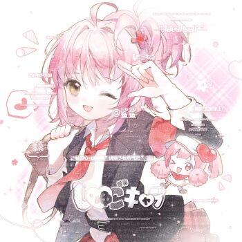 &gt;_o 2girls ahoge armband bag baonu_de_zhanshen_caibutou belt belt_buckle black_belt black_jacket black_shoes blunt_bangs blunt_ends brown_bag buckle chibi chinese_commentary collared_jacket collared_shirt commentary_request commission cowboy_shot dot_nose dress guardian_chara hair_between_eyes hair_intakes hair_ornament hand_on_own_head happy hat hat_ornament heart heart_hat_ornament highres hinamori_amu holding holding_bag holding_pom_poms jacket kneehighs lapels light_blush light_particles long_sleeves looking_at_viewer loose_hair_strand medium_hair miniskirt multiple_girls necktie notched_lapels notice_lines one_eye_closed open_clothes open_jacket open_mouth pink_eyes pink_hair plaid_clothes plaid_skirt pleated_skirt pom_pom_(cheerleading) pom_poms ran_(shugo_chara!) red_armband red_necktie red_scarf red_skirt sample_watermark scarf school_bag school_uniform seiyo_academy_school_uniform shirt shoes short_dress short_side_ponytail shugo_chara! skirt sleeve_cuffs smile socks sparkle speech_bubble spoken_heart star_(symbol) tareme too_many_watermarks visor_cap watermark white_background white_dress white_hat white_shirt white_socks x_hair_ornament yellow_eyes