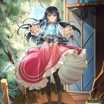 1girl absurdres ankle_boots artist_request ayase_miharu black_hair black_pantyhose boots brown_boots brown_eyes casting_spell commentary_request dress frilled_dress frilled_sleeves frills highres layered_dress long_hair long_sidelocks looking_at_viewer off-shoulder_dress off_shoulder official_art pantyhose pink_dress seirei_gensouki shirt sidelocks skirt solo very_long_hair very_long_sidelocks white_dress white_shirt