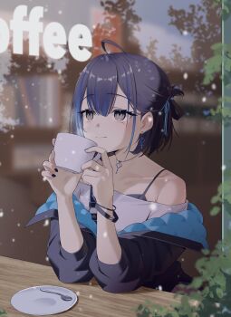1girl absurdres ahoge ai_(u_e_o_o) black_hair black_jacket black_nails blue_hair blue_jacket blue_suspenders blurry blurry_background cafe closed_mouth collarbone commentary cup double-parted_bangs english_commentary grey_eyes hair_between_eyes hands_up highres holding holding_cup indie_virtual_youtuber indoors jacket jewelry mole mole_under_eye multicolored_hair nail_polish necklace off-shoulder_shirt off_shoulder quilted_jacket shirt short_hair sitting smile solo streaked_hair two-sided_fabric two-sided_jacket virtual_youtuber white_shirt yubari_rei