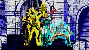 alternate_costume aura blonde_hair blood blood_on_face diego_brando dio_brando gloves hat jacket jojo_pose mullet orange_hair patterned_clothing red_scarf scarf the_world vampire yellow_jacket