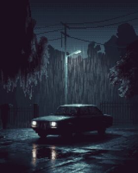 60+fps aleha_84 animated animated_gif car commentary english_commentary fence highres motor_vehicle night no_humans original outdoors pixel_art puddle rain reflection sky tree utility_pole