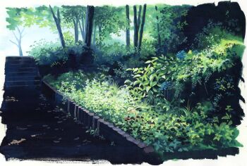 absurdres blue_flower border bush doremifa84 flower forest highres landscape nature no_humans original path plant road scenery stairs sunlight tree white_border white_flower