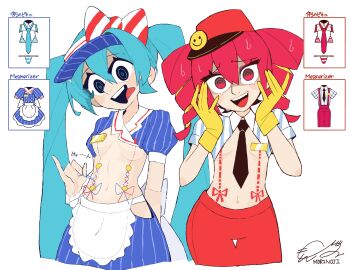 2girls @_@ absurdres apron aqua_eyes artist_name back_bow bikini black_eyes black_necktie blue_dress blue_hat bow breasts buttons clothing_cutout collared_dress collared_shirt dress drill_hair eyeshadow frilled_apron frills gloves hands_on_own_face hat hat_bow hatsune_miku highres kasane_teto long_hair makeup mesmerizer_(vocaloid) miku_collar_bikini mori_no_ji multiple_girls navel necktie nervous_smile nervous_sweating open_mouth pants pink_eyes pink_eyeshadow pink_hair puffy_short_sleeves puffy_sleeves pulling red_bow red_hat red_pants red_ribbon ribbon shaded_face shirt short_sleeves signature simple_background small_breasts smile smiley_face stitches striped_clothes striped_dress striped_headwear striped_shirt sweat swimsuit teeth tongue tongue_out toon_(style) twin_drills twintails underboob upper_teeth_only utau vertical-striped_clothes vertical-striped_dress vertical-striped_headwear vertical-striped_shirt visor_cap vocaloid white_apron white_background white_bow yellow_gloves