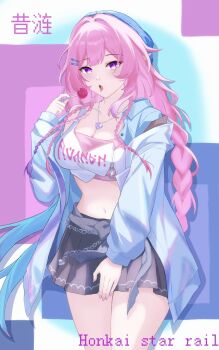 1girl black_skirt blue_hat blue_jacket breasts candy cleavage commentary_request copyright_name cyrene_(honkai:_star_rail) cyrene_(nylon_japan)_(honkai:_star_rail) cyrene_(ripples_of_past_reverie)_(honkai:_star_rail) diamond-shaped_pupils diamond_(shape) food fu_ai_er_sama hat holding holding_candy holding_food holding_lollipop honkai:_star_rail honkai_(series) jacket large_breasts lollipop long_hair midriff miniskirt navel official_alternate_costume open_mouth pink_hair purple_eyes skirt smile solo symbol-shaped_pupils thighs very_long_hair