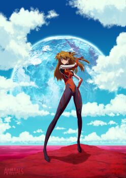 blue_eyes bodysuit breasts closed_mouth commentary covered_navel day english_commentary evangelion:_2.0_you_can_(not)_advance full_body full_moon hand_on_own_hip hand_up highres horizon mecha_pilot_suit moon multicolored_bodysuit neon_genesis_evangelion ocean orange_bodysuit orange_hair outdoors p!_(motoki_paulo) plugsuit_(evangelion) rebuild_of_evangelion red_ocean red_water signature sky small_breasts souryuu_asuka_langley standing