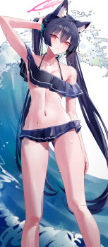 1girl absurdres animal_ear_fluff animal_ears armpits bikini bikini_skirt black_bikini black_hair blue_archive cat_ears cat_girl chinese_commentary chongchongbao_mushi commentary_request extra_ears frilled_bikini frills halo hand_on_own_head highres looking_at_viewer off-shoulder_bikini off_shoulder official_alternate_costume pink_halo red_eyes serika_(blue_archive) serika_(swimsuit)_(blue_archive) solo swimsuit twintails waves wet