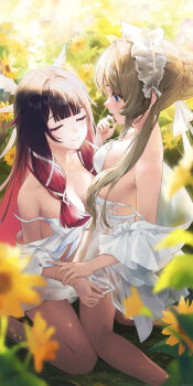 2girls absurdres alternate_costume bare_shoulders black_hair blue_eyes blurry blurry_foreground braid breasts brown_hair bun_with_braided_base cleavage closed_eyes closed_mouth columbina_(genshin_impact) dress flower genshin_impact hand_up highres kneeling large_breasts looking_at_another multicolored_hair multiple_girls open_mouth outdoors panties purple_hair revision sandrone_(genshin_impact) short_hair_with_long_locks sleeveless sleeveless_dress smile sunflower swkl:d two-tone_hair underwear undressing_another white_dress white_headdress white_panties
