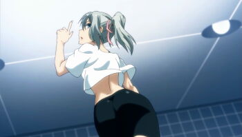 1girl ass ass_focus black_bra black_shorts blue_hair bluesy_fluesy bow bra breasts ceiling ceiling_light female_focus grey_hair hair_bow hair_ribbon highres indoors legs long_hair looking_at_viewer looking_back medium_breasts nape open_mouth pink_bow pink_ribbon ponytail ribbon sexually_suggestive shirt short_sleeves shorts solo solo_focus sports_bra taboo_tattoo thighs underwear white_shirt