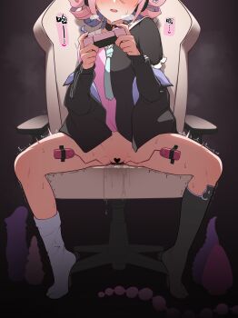 1girl absurdres aqua_necktie arknights black_jacket black_socks censored controller egg_vibrator female_masturbation game_controller head_out_of_frame heart heart_censor heavy_breathing highres holding holding_controller holding_game_controller jacket jwthor long_sleeves masturbation mismatched_socks necktie pink_hair sex_toy short_hair sitting socks solo sweat teeth u-official_(arknights) upper_teeth_only vibrator white_socks