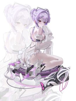 Rule 34 | 1girl, absurdres, ahoge, armored footwear, ass, back, breasts, commentary, detached sleeves, from behind, goddess of victory: nikke, hair intakes, hair ornament, highres, leotard, liberalio (nikke), purple eyes, purple hair, rinple, short hair with long locks, simple background, small breasts, solo, white background, white leotard, zoom layer