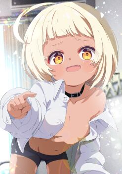 1girl absurdres belt_collar blonde_hair blunt_bangs breasts collar collarbone dark-skinned_female dark_skin fang highres leaning_forward loli long_sleeves looking_at_viewer off_shoulder open_clothes open_shirt original pointing pointing_at_viewer puffy_long_sleeves puffy_sleeves shiro9jira shirt single_bare_shoulder skin_fang small_breasts smile solo white_shirt yellow_eyes