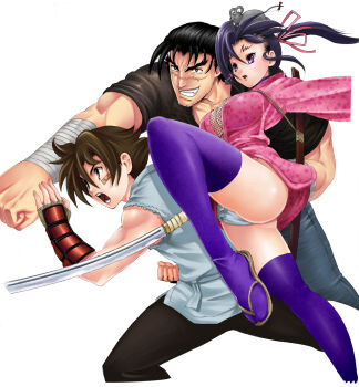 1girl 2boys animal animal_on_head armor ass bandages black_hair black_pants breasts brown_hair choker cleavage clenched_hands clenched_teeth commentary_request dougi fighting_stance from_side fundoshi hair_ribbon high_ponytail highres holding holding_sword holding_weapon huge_breasts jacket japanese_armor japanese_clothes karate_gi kimono kote kousaka_shigure leg_up long_hair long_sleeves matsuena_shun mouse_(animal) multiple_boys muscular muscular_male official_art on_head open_mouth pants pink_kimono ponytail purple_eyes purple_hair ribbon sakaki_shio shijou_saikyou_no_deshi_ken'ichi shirahama_ken'ichi short_hair short_kimono simple_background sleeves_pushed_up smile sword teeth thighhighs v-shaped_eyebrows waraji weapon white_background