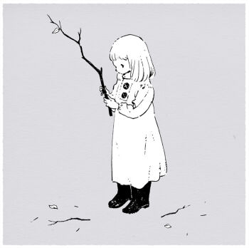 1girl boots child dress grey_background greyscale holding holding_stick monochrome nagabe shiva_(totsukuni_no_shoujo) short_hair simple_background solo standing stick totsukuni_no_shoujo