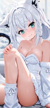 1girl absurdres ahoge alternate_costume animal_ear_fluff animal_ear_piercing animal_ears aqua_eyes bare_shoulders bed_sheet blush braid breasts cleavage closed_mouth commentary day detached_sleeves double-parted_bangs dress english_commentary fox_ears fox_girl fox_tail fur-trimmed_dress fur-trimmed_sleeves fur_trim hair_between_eyes highres hololive indoors leg_warmers long_hair looking_at_viewer low_ponytail maverick_(mvk022) medium_breasts ponytail shirakami_fubuki side_braid single_braid sleeveless sleeveless_dress smile snowing solo strapless strapless_dress tail virtual_youtuber white_dress white_hair white_leg_warmers white_sleeves window