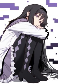 1girl absurdres akemi_homura akemi_homura_(magical_girl) argyle_clothes argyle_pantyhose black_hair boots ebora hair_spread_out hairband highres long_hair long_sleeves looking_at_viewer mahou_shoujo_madoka_magica pantyhose purple_eyes purple_skirt sailor_collar shirt sitting skirt solo thighs very_long_hair white_shirt