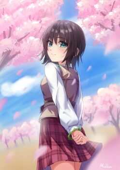 1girl absurdres aoi_erika aqua_eyes arms_behind_back artist_name black_hair blue_eyes blue_sky blush bracelet breasts brown_hair brown_vest cherry_blossoms closed_mouth cloud cowboy_shot day eyelashes eyes_visible_through_hair falling_petals flower flower_bracelet from_behind hair_between_eyes heaven_burns_red highres jewelry long_sleeves looking_at_viewer looking_back medium_hair miniskirt mok_kan outdoors own_hands_together petals pink_flower plaid_clothes plaid_skirt pleated_skirt red_skirt school_uniform shirt short_hair skirt sky smile solo spring_(season) standing straight_hair sweater_vest tree vest white_shirt wind wind_lift