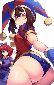 2girls absurdres adapted_costume ass blue_eyes blue_gloves bob_cut brown_hair buttons closed_eyes commentary cowboy_shot dress gloves hat highres hinghoi huge_ass humanization jester jester_cap medium_hair multicolored_eyes multiple_girls pomni_(the_amazing_digital_circus) puffy_short_sleeves puffy_sleeves purple_dress ragatha_(the_amazing_digital_circus) red_eyes red_hair revealing_clothes shiny_skin short_sleeves simple_background standing the_amazing_digital_circus thumbs_up white_background wide_hips