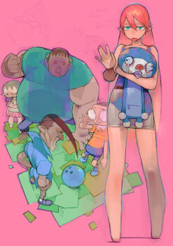 2girls 3boys ball bowling_ball brown_hair character_request commentary doraemon doraemon_(character) glasses long_hair multiple_boys multiple_girls nobi_nobita pink_background pointy_ears round_eyewear saliva single_tear tongue tongue_out umezawa_michiko