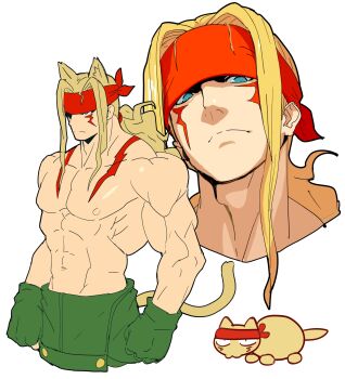 Rule 34 | abs, absurdres, alex (street fighter), animal ears, animalization, blonde hair, blue eyes, body markings, broad shoulders, capri pants, cat, cat boy, cat ears, closed mouth, collarbone, cropped shoulders, facial mark, frown, gloves, green gloves, green pants, headband, highres, long hair, multiple views, muscular, muscular male, nipples, pants, pectorals, person and animalization, ponytail, red headband, sach56000, simple background, street fighter, street fighter iii (series), topless male, white background