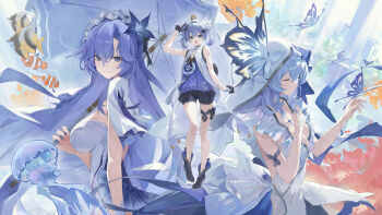 Rule 34 | 3girls, absurdres, armlet, bare shoulders, black gloves, black shorts, blue eyes, blue flower, blue hair, blue shirt, breasts, cantarella (wuthering waves), closed eyes, closed mouth, dress, flower, gloves, hair between eyes, hair flower, hair ornament, half gloves, headdress, highres, jellyfish, jewelry, large breasts, long hair, looking to the side, medium breasts, missing commentary, multiple girls, shirt, shorekeeper (wuthering waves), shorts, shrug (clothing), sleeveless, sleeveless dress, smile, tacet mark (wuthering waves), veil, white dress, white flower, white shrug, white veil, wuthering waves, xuegao ice, youhu (wuthering waves)