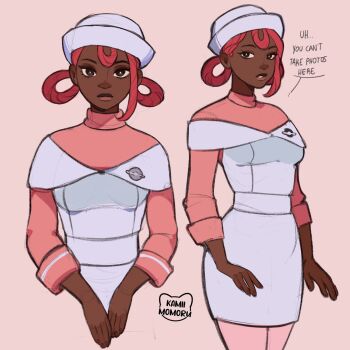 1girl breasts closed_mouth dark-skinned_female dark_skin dress english_text hair_rings hat highres joy_(pokemon) kamii_momoru long_hair long_sleeves looking_at_viewer nintendo nurse nurse_cap pantyhose parted_lips pink_dress pink_hair pink_pantyhose pokemon pokemon_legends:_z-a simple_background white_dress