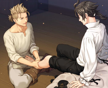 2boys alfyn_greengrass arm_support black_pants blonde_hair boots brown_boots brown_eyes brown_hair commentary_request cyrus_albright foot_massage hair_ribbon indian_style looking_at_another low_ponytail male_focus massage multiple_boys octopath_traveler octopath_traveler_i on_floor open_mouth pants pants_rolled_up ponytail profile ribbon shikimiorange shirt shoes short_ponytail single_bare_foot sitting sleeves_rolled_up socks spiked_hair unworn_shoes unworn_socks white_pants white_ribbon white_shirt wooden_floor