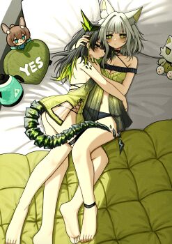 2girls absurdres amiya_(arknights) animal_ear_fluff animal_ears arknights barefoot black_panties commentary dress english_commentary green_dress green_eyes green_hair highres kal&#039;tsit_(arknights) lobsteranian material_growth mon3tr_(arknights) multiple_girls oripathy_lesion_(arknights) panties rabbit_ears see-through_clothes tail underwear
