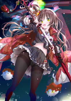 Rule 34 | 1girl, :d, black pantyhose, black serafuku, black skirt, blush, brown gloves, brown hair, crop top, doku momo, dutch angle, falling petals, feet out of frame, fingerless gloves, flower, frilled skirt, frills, from below, gloves, green eyes, hair flower, hair ornament, hands up, high side ponytail, highres, holding, holding sword, holding weapon, jacket, jacket on shoulders, katana, kyousaka nanaho, legs apart, long hair, long sleeves, looking at viewer, microskirt, midriff, navel, neckerchief, night, nyanko daisensou, open clothes, open jacket, open mouth, outdoors, panties, pantyhose, pantyshot, petals, pleated skirt, red jacket, sailor collar, school uniform, serafuku, sheath, side ponytail, skirt, smile, solo, standing, stomach, sword, teeth, thighband pantyhose, thighs, torii, underwear, unsheathing, upper teeth only, upskirt, weapon, white neckerchief, white panties, white sailor collar, zipper