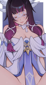 1girl absurdres bare_shoulders black_hair blush bow bowtie breasts cleavage closed_eyes closed_mouth collarbone columbina_(genshin_impact) commentary dress eye_mask genshin_impact hair_ornament highres long_hair long_sidelocks mask medium_breasts multicolored_hair no_panties purple_hair quilm sidelocks solo spread_legs white_bow white_bowtie white_dress wing_hair_ornament