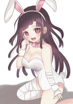 1girl 3656_chan animal_ear_hairband animal_ears bandaged_arm bandaged_leg bandages blush bow breasts cleavage commentary_request danganronpa_(series) danganronpa_2:_goodbye_despair detached_collar eyelashes fake_animal_ears fingernails hairband highres kneeling leotard long_hair official_alternate_costume open_mouth pink_bow playboy_bunny purple_eyes purple_hair rabbit_ear_hairband rabbit_ears shadow simple_background smile solo strapless strapless_leotard sweat teeth tsumiki_mikan upper_teeth_only white_background white_hairband white_leotard wrist_cuffs