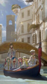 6+girls absurdres aika_granzchesta akira_ferrari alice_carroll alicia_florence aria_(manga) aria_company_uniform aria_pokoteng arms_behind_head ascot athena_glory beret black_hair blonde_hair blue_bow blue_bowtie blue_eyes blue_hair boat bow bowtie braid bridge building canal capelet cat commentary day dress duang_(user_tsag8258) floating_island gondola green_eyes green_hair hat highres hime_granzchesta himeya_company_uniform holding holding_oar long_dress long_hair long_sleeves mizunashi_akari multiple_girls neo-venezia oar on_boat orange_planet_uniform outdoors pink_hair president_maa purple_hair red_bow red_bowtie short_hair short_hair_with_long_locks sidelocks sitting sky twin_braids watercraft white_capelet white_dress white_hat yellow_ascot