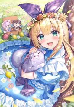 3girls akabane_(zebrasmise) animal animal_ears apple apron black_bow black_ribbon blonde_hair blue_dress blush bow brown_hair cat cat_ears cat_tail collared_dress d: dress flower food frilled_apron frilled_dress frills fruit fumino_tamaki fumino_tamaki_(1st_costume) grass green_eyes hair_ribbon head_wreath highres holding holding_animal holding_cat lemon long_hair mononobe_alice mononobe_alice_(1st_costume) multiple_girls nijisanji open_mouth party_popper petals pink_eyes pink_hair puffy_short_sleeves puffy_sleeves ribbon short_sleeves tail ushimi_ichigo ushimi_ichigo_(1st_costume) virtual_youtuber