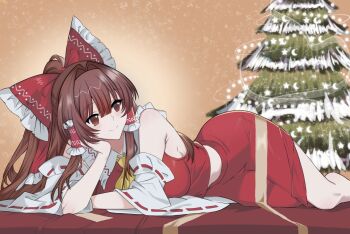 1girl ascot bow breasts brown_eyes brown_hair christmas_tree closed_mouth commentary_request detached_sleeves frilled_bow frilled_hair_tubes frills hair_bow hair_tubes hakurei_reimu hand_on_own_cheek hand_on_own_face head_rest kurage large_breasts long_hair lying on_side red_bow red_skirt ribbon-trimmed_sleeves ribbon_trim skirt skirt_set smile solo touhou yellow_ascot