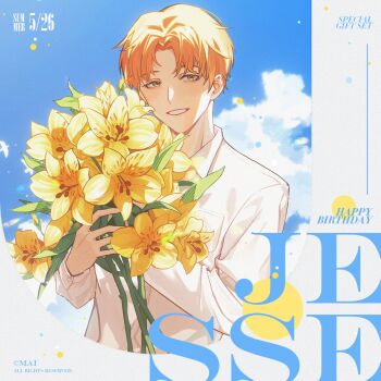 1boy absurdres alstroemeria_(flower) bird blue_sky border bouquet character_name chinese_commentary cloud collared_shirt curtained_hair dated day earrings flower green_eyes happy_birthday highres holding holding_bouquet jewelry light_and_night_love long_sleeves looking_at_viewer luxingyao male_focus orange_hair parted_bangs parted_lips shirt short_hair sky smile solo star_(symbol) star_earrings white_border white_shirt xia_mingxing yellow_flower