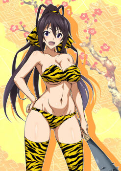 Rule 34 | 1girl, animal print, bikini, black hair, blue eyes, branch, breasts, cleavage, club, club (weapon), commentary request, cone horns, feet out of frame, flower, fur bikini, horns, infinite stratos, kanabou, kuroda ariake, large breasts, long hair, looking at viewer, orange background, ponytail, shinonono houki, solo, spiked club, split ponytail, strapless, strapless bikini, swimsuit, thighhighs, tiger print, weapon, yellow bikini, yellow thighhighs