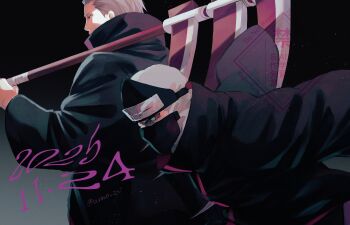 2boys akatsuki_uniform black_coat coat colored_sclera dated forehead_protector green_eyes grey_hair hidan_(naruto) highres holding holding_scythe kakuzu_(naruto) long_sleeves male_focus mask mouth_mask multiple_boys naruto_(series) naruto_shippuuden red_sclera scythe short_hair takigakure_symbol twitter_username unno_24