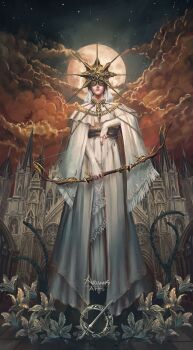 1boy androgynous anor_londo architecture ariamis_arts bow_(weapon) capelet cloud crown dark_souls_(series) dark_sun_gwyndolin drawing_bow dress fingerless_gloves flower fringe_trim full_body full_moon gloves gold_headwear gold_trim gothic_architecture hat_over_eyes highres holding holding_bow_(weapon) holding_weapon in-universe_location lace_trim medium_hair moon night outdoors snake solo standing weapon white_capelet white_dress white_gloves white_hair