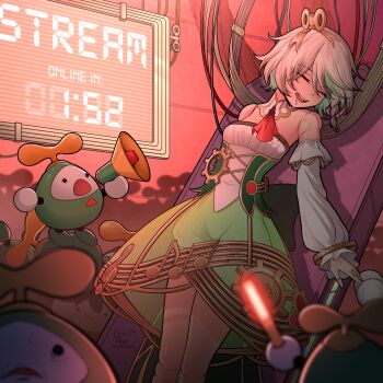 1girl absurdres ascot braid breasts cecilia_immergreen cecilia_immergreen_(1st_costume) closed_eyes colored_inner_hair commentary corset countdown_timer cross-laced_clothes cross-laced_corset detached_collar detached_sleeves doll doll_joints double-parted_bangs drooling english_commentary english_text gears green_corset green_hair green_skirt grey_hair hair_between_eyes hair_ornament highres holding holding_megaphone hololive hololive_english indoors joints kluverdesigns megaphone messy_hair multicolored_hair musical_note open_mouth otomo_(cecilia_immergreen) puffy_shorts red_ascot romper see-through_clothes see-through_skirt shirt short_hair short_shorts shorts side_braid single_braid skirt sleeping sleeveless sleeveless_shirt small_breasts solo strapless strapless_romper strapless_shirt streaked_hair teeth upper_teeth_only virtual_youtuber white_romper white_shirt white_shorts white_sleeves winding_key