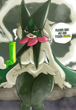 1girl breasts colored_skin english_text fang feet_out_of_frame fingernails green_skin huge_breasts looking_at_viewer lucyfer meowscarada navel nintendo open_mouth pink_eyes pokemon sauna sharp_fingernails sitting smile smoke smoking_pipe speech_bubble sweat thighs touch_grass_(meme) underboob white_fur