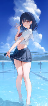 1girl barefoot black_hair blue_skirt blue_sky blush bracelet breasts cloud cloudy_sky day food-themed_hair_ornament hair_ornament hairclip highres ichigo_(mignon) jewelry looking_at_viewer medium_hair mignon navel open_mouth original outdoors pleated_skirt pool red_eyes sailor_collar school_uniform serafuku shirt short_sleeves skirt skirt_hold sky small_breasts smile soaking_feet solo standing standing_on_liquid strawberry_hair_ornament water wet white_sailor_collar white_serafuku white_shirt