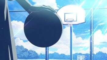 1girl animated artist_request ball basketball basketball_(object) basketball_court basketball_hoop blonde_hair building cloud dribbling_(basketball) fence game_cg grin idolmaster idolmaster_shiny_colors official_art outdoors pants playing_sports purple_eyes saijo_juri smile tagme throwing video