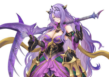 Rule 34 | 1girl, absurdres, armor, bare shoulders, black corset, breasts, camilla (alluring darkness) (fire emblem), camilla (fire emblem), cleavage, closed mouth, commission, corset, crown, dress, fake horns, fire emblem, fire emblem fates, fire emblem heroes, frilled dress, frills, gloves, hair over one eye, highres, holding, holding scythe, holding weapon, horned headwear, horns, laba laba batu, large breasts, long hair, looking at viewer, nintendo, official alternate costume, pantyhose, purple dress, purple eyes, purple gloves, purple hair, purple pantyhose, scythe, simple background, smile, solo, tiara, very long hair, vgen commission, wavy hair, weapon, white background