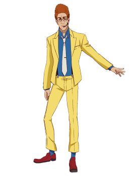 Rule 34 | 1boy, artist request, blue shirt, blue socks, closed mouth, collared shirt, commentary request, full body, glasses, headset, jacket, long sleeves, male focus, mario (tiger &amp; bunny), necktie, official art, open clothes, open jacket, orange hair, pants, red shoes, round eyewear, second-party source, shirt, shoes, short hair, smile, socks, solo, standing, suspenders, tachi-e, tiger &amp; bunny, transparent background, white necktie, yellow jacket, yellow pants
