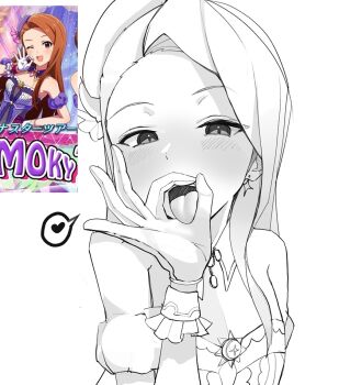 1girl arm_scrunchie bare_shoulders blush breasts brown_hair ch2haya_p fellatio_gesture gloves heart idolmaster idolmaster_million_live! idolmaster_million_live!_theater_days jewelry long_hair looking_at_viewer minase_iori one_eye_closed purple_scrunchie scene_reference scrunchie small_breasts spoken_heart tongue tongue_out white_gloves