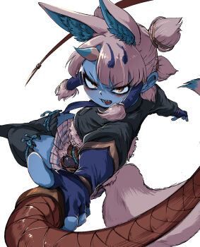 1girl animal_ears belt black_shirt black_thighhighs blue_gloves blue_hair blue_necktie blue_skin blunt_bangs blush brown_belt collared_shirt colored_skin elbow_gloves extra_ears fingerless_gloves fox_ears fox_girl fox_tail fur_trim ginkaku_(kemono_friends) gloves grey_skirt hair_tubes highres horns kemono_friends looking_at_viewer mcgunngu multicolored_hair necktie plaid_clothes plaid_skirt pleated_skirt puffy_sleeves quad_tails shirt short_twintails sidelocks single_horn skirt solo t-shirt tail thighhighs twintails whip white_fur white_hair yellow_eyes zettai_ryouiki