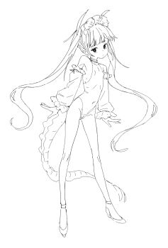 1girl closed_mouth covered_erect_nipples flat_chest hairband high_heels highleg highleg_leotard highres higu_shi leotard loli long_hair monochrome original ribs solo tail thighs twintails