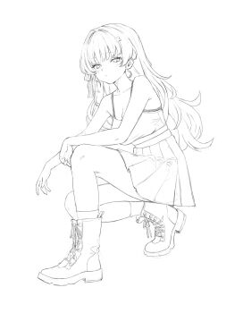 1girl alternate_breast_size_(larger) alternate_costume bare_shoulders boots breasts closed_mouth collarbone commentary crop_top ddcc0123 english_commentary full_body greyscale hair_ornament highres large_breasts light_blush long_hair looking_at_viewer monochrome phoebe_(wuthering_waves) simple_background sketch skirt solo squatting white_background wuthering_waves x_hair_ornament